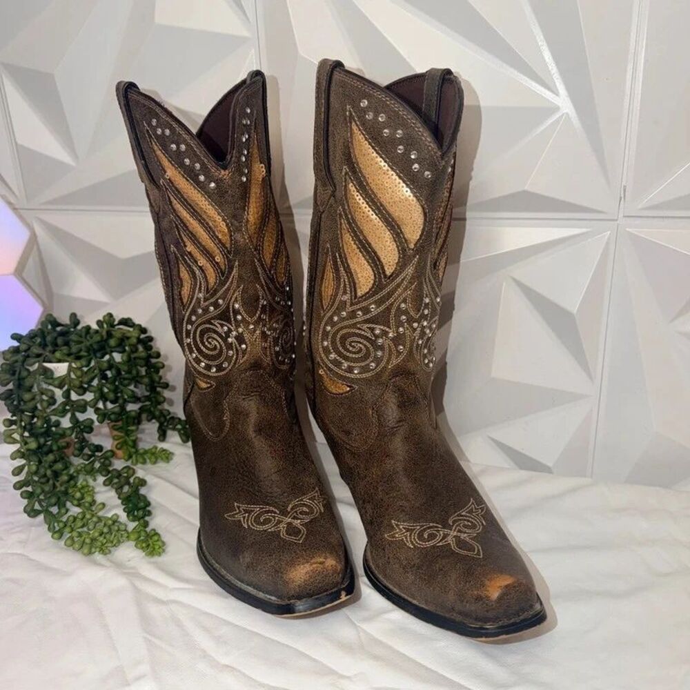 Durango Crush Bling Leather Western Cowboy Boots Gold Sequins Rhinestones